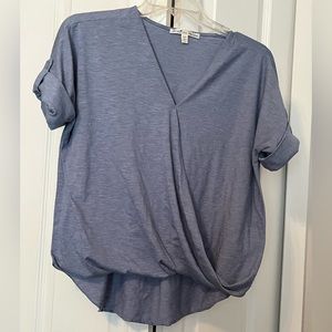 Seven7 knit top, size small, blue wrap look, short sleeve